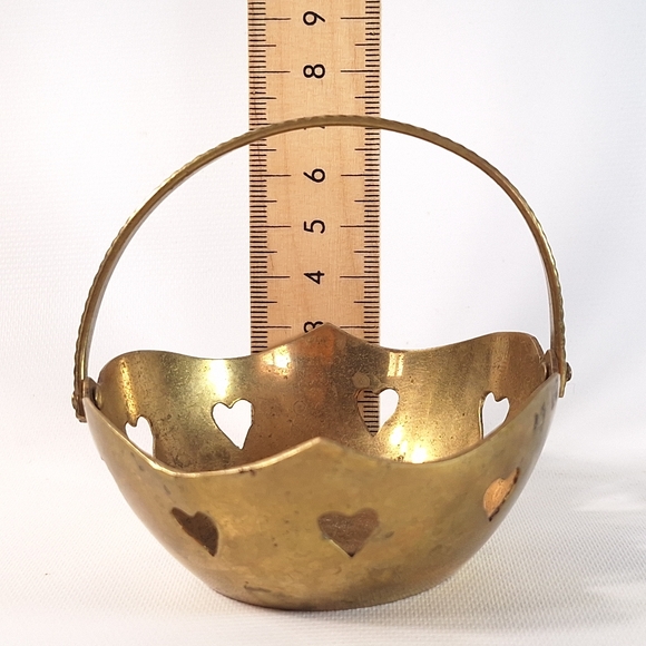 Vintage Indian Brass Basket with Heart Cutouts and Hinged Handle - Picture 8 of 8